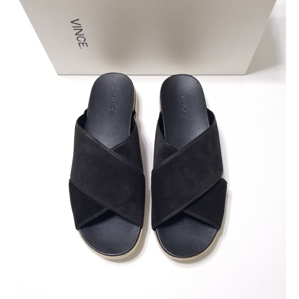 NIB Vince Villaire Suede Crisscross Flat Espadrille Slide Sandal Black Size 9.5
